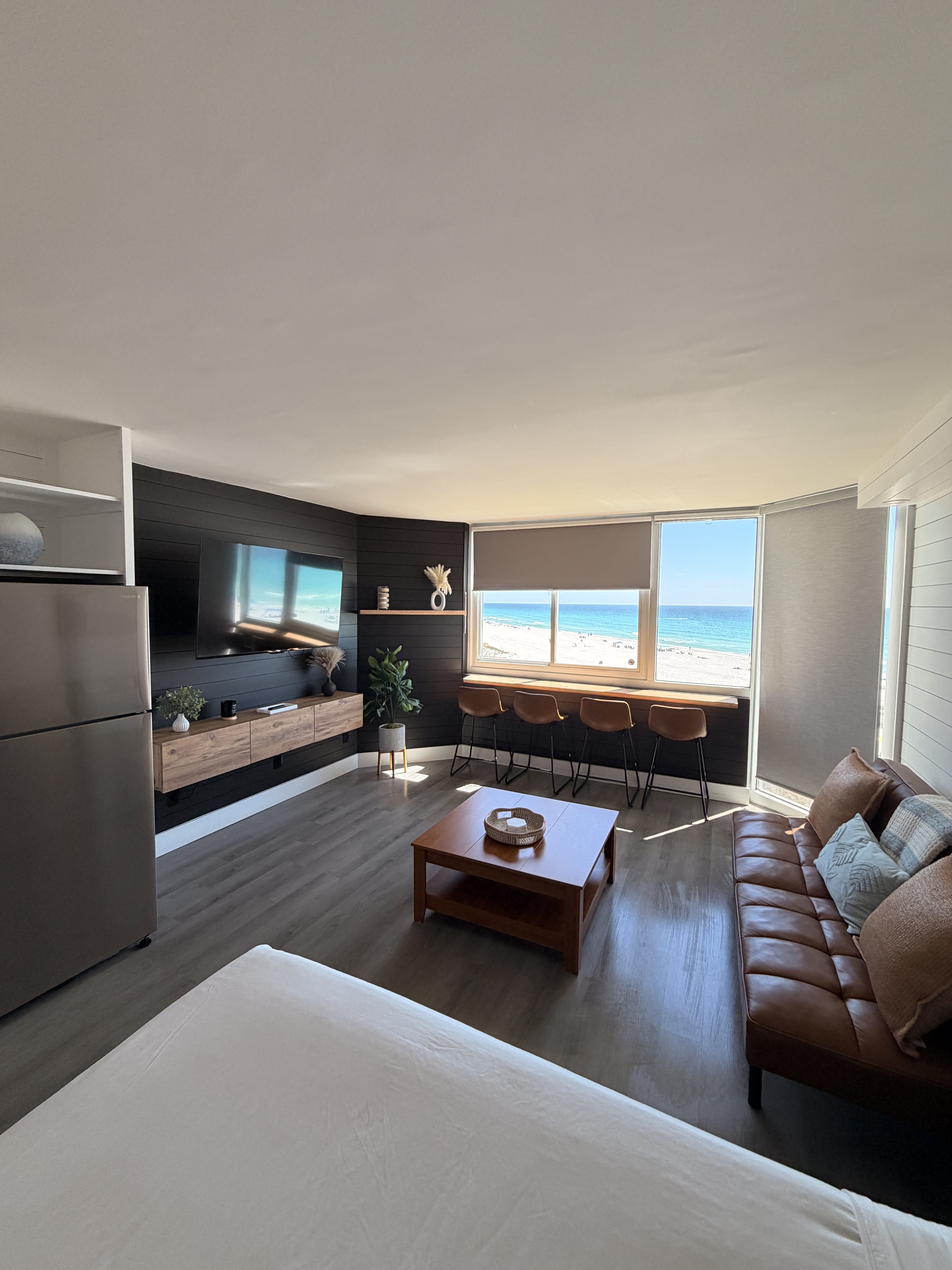 Clean ocean-view vacation rental living area